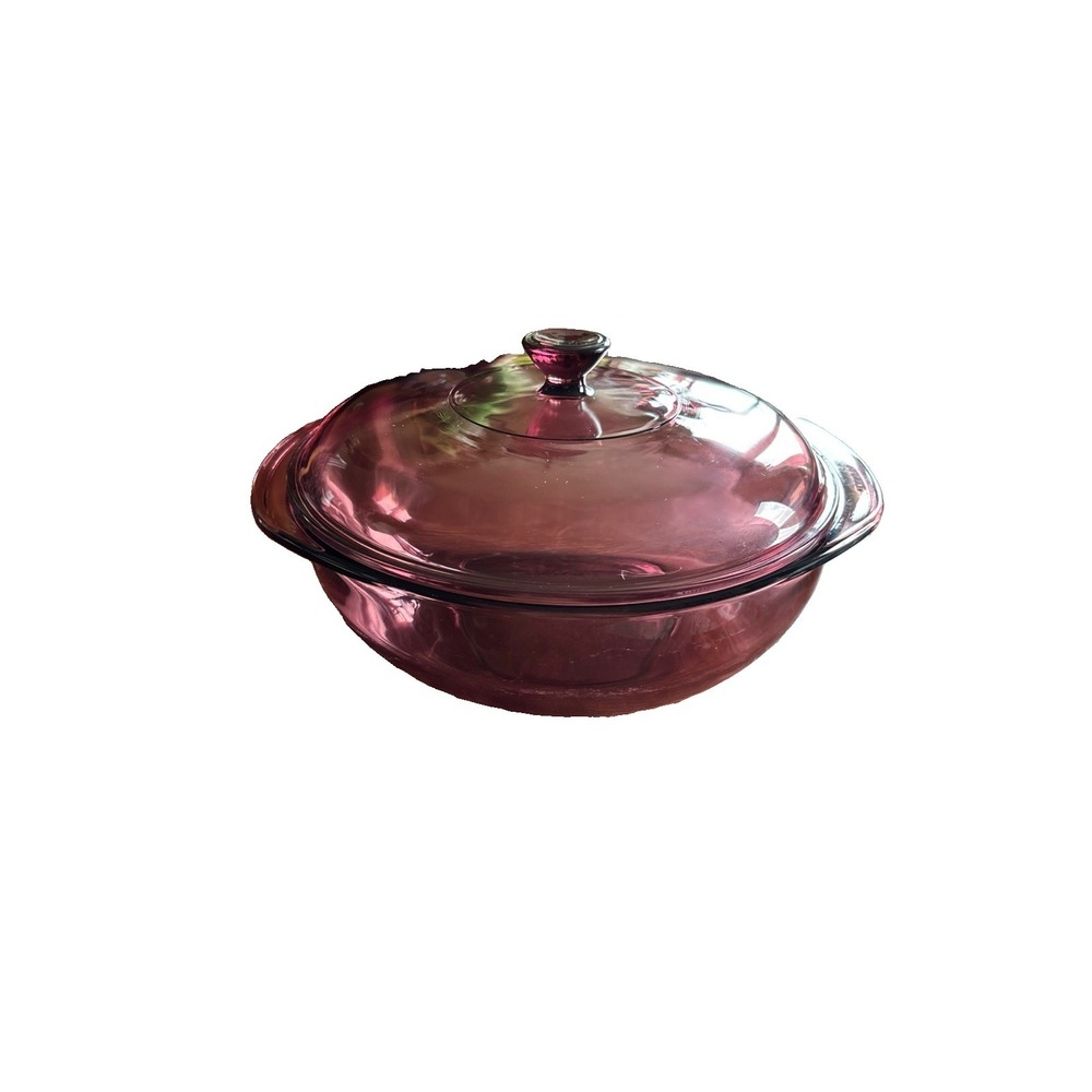 Pyrex Corning VTG #024 2L Cranberry Round Casserole Dish/Bowl With Lid Handles
